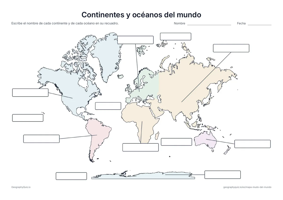 Mapamundi con recuadros vacíos para los continentes y los océanos