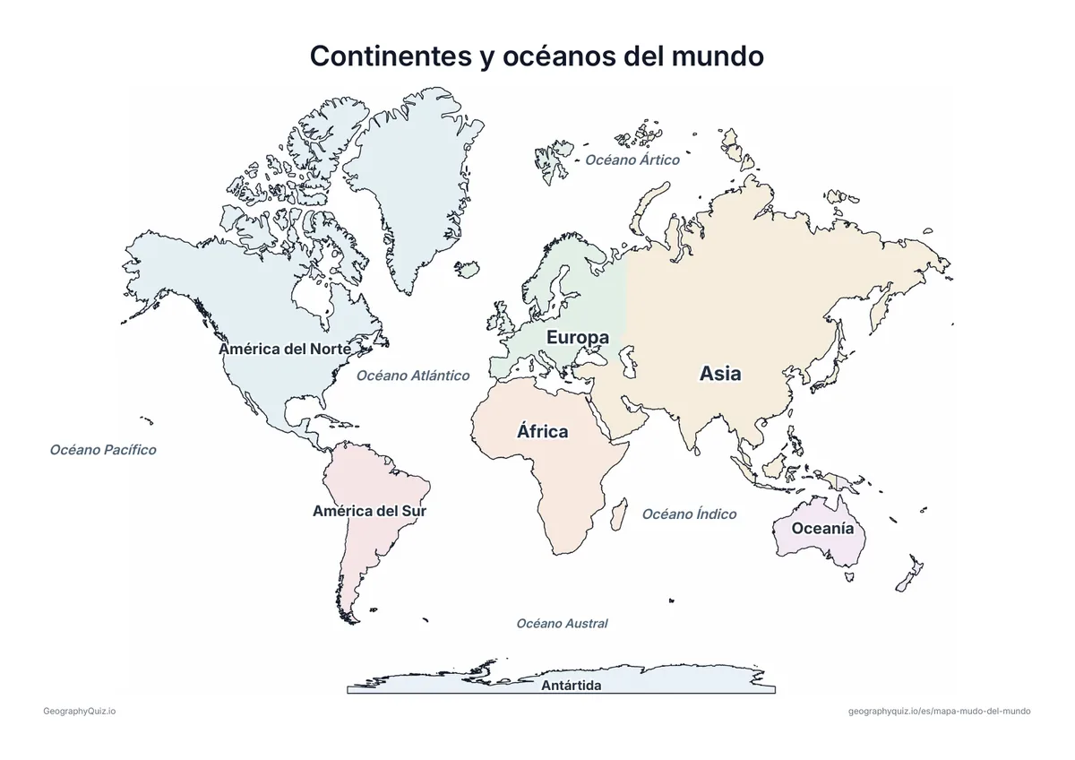 Mapamundi en colores pastel con los nombres de los siete continentes y los cinco océanos