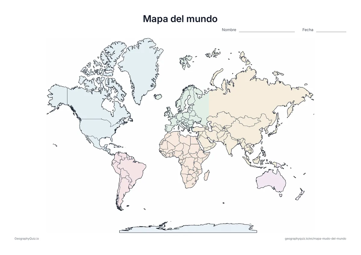 Mapamundi mudo con las fronteras de los países y los continentes en colores pastel