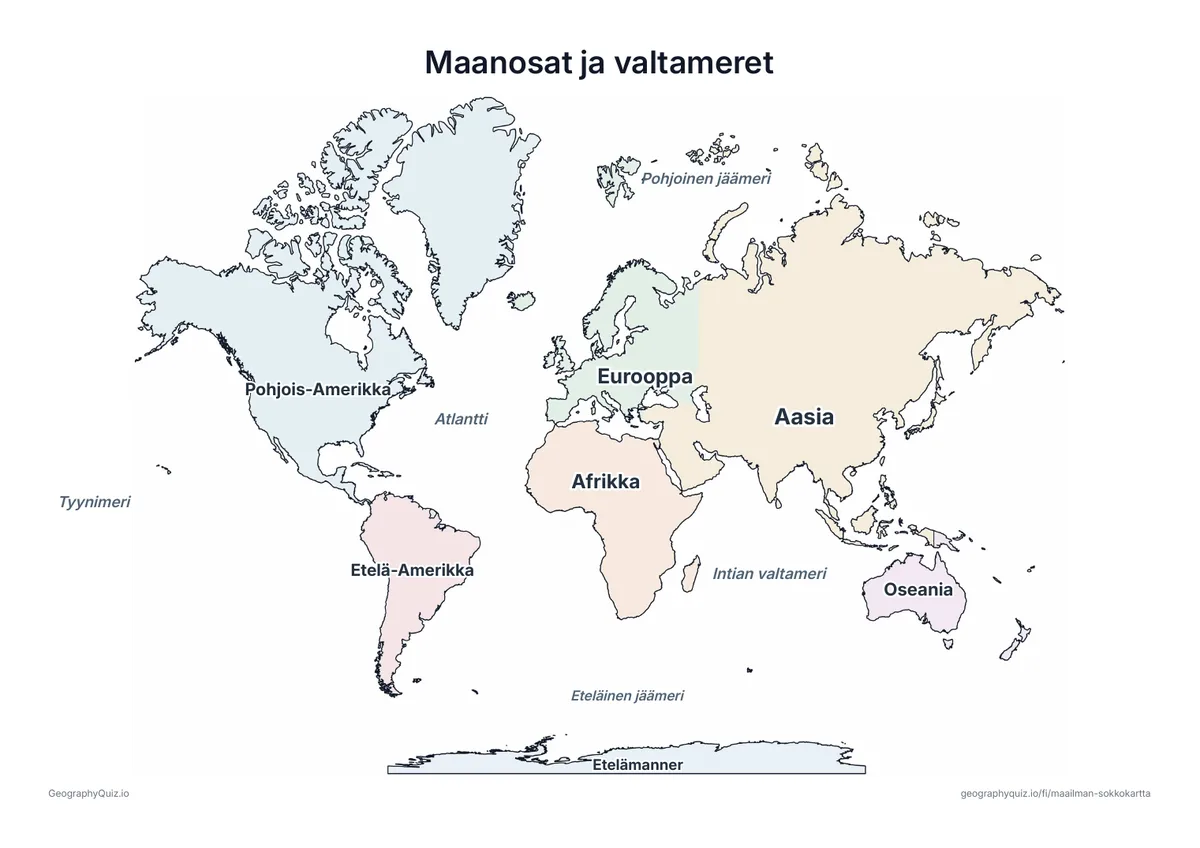 Pastellivärinen maailmankartta, jossa on kaikkien seitsemän maanosan ja viiden valtameren nimet