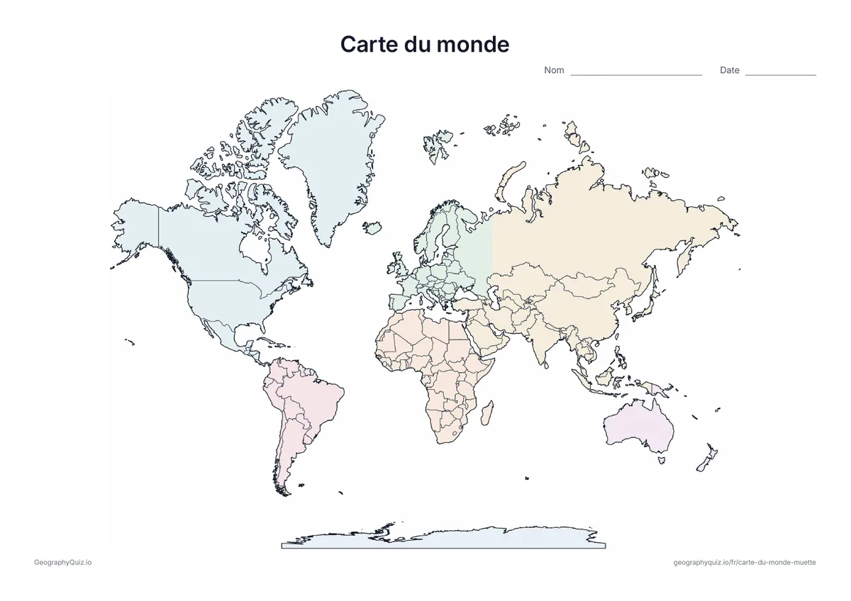 Carte du monde muette avec les frontières et les continents en couleurs pastel