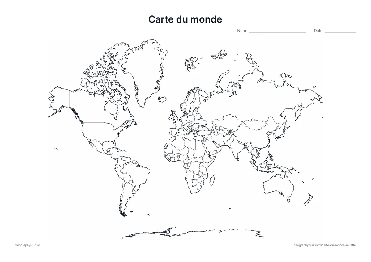 Carte du monde en noir et blanc avec le contour des pays et l’Antarctique