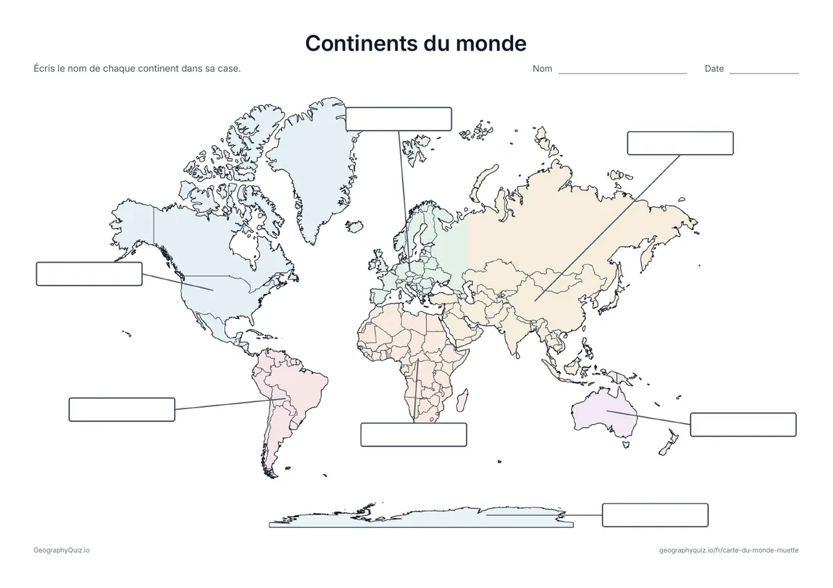 Carte du monde pastel avec les frontières et des cases vides pour les continents