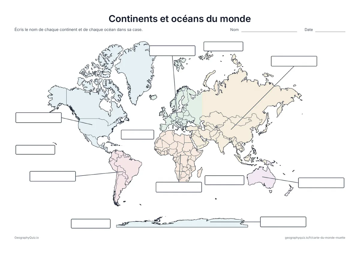 Carte du monde pastel avec les frontières et des cases vides pour les continents et les océans
