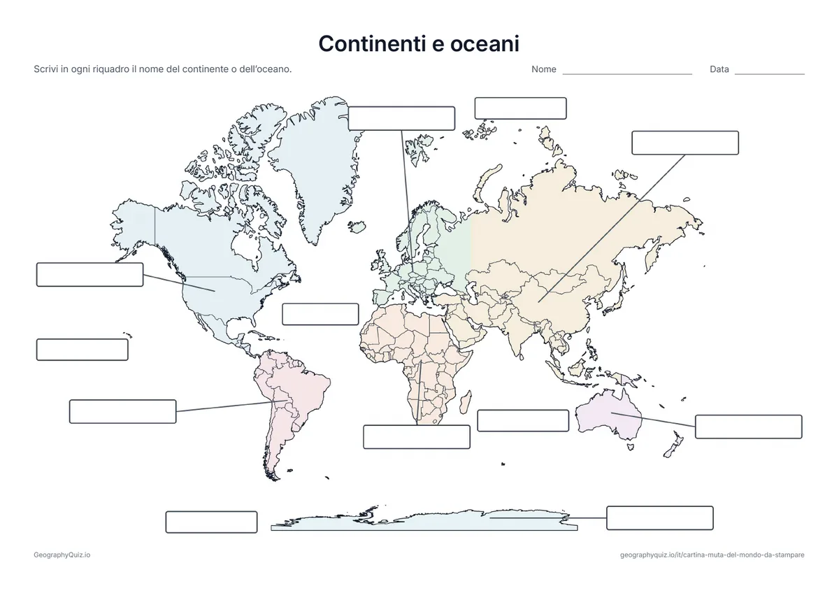 Planisfero in colori pastello con i confini dei paesi e riquadri vuoti per continenti e oceani