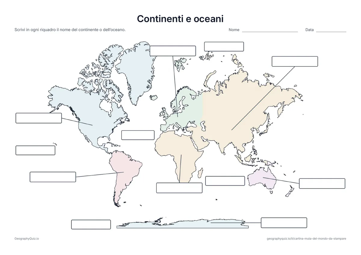 Planisfero con riquadri vuoti per i continenti e gli oceani