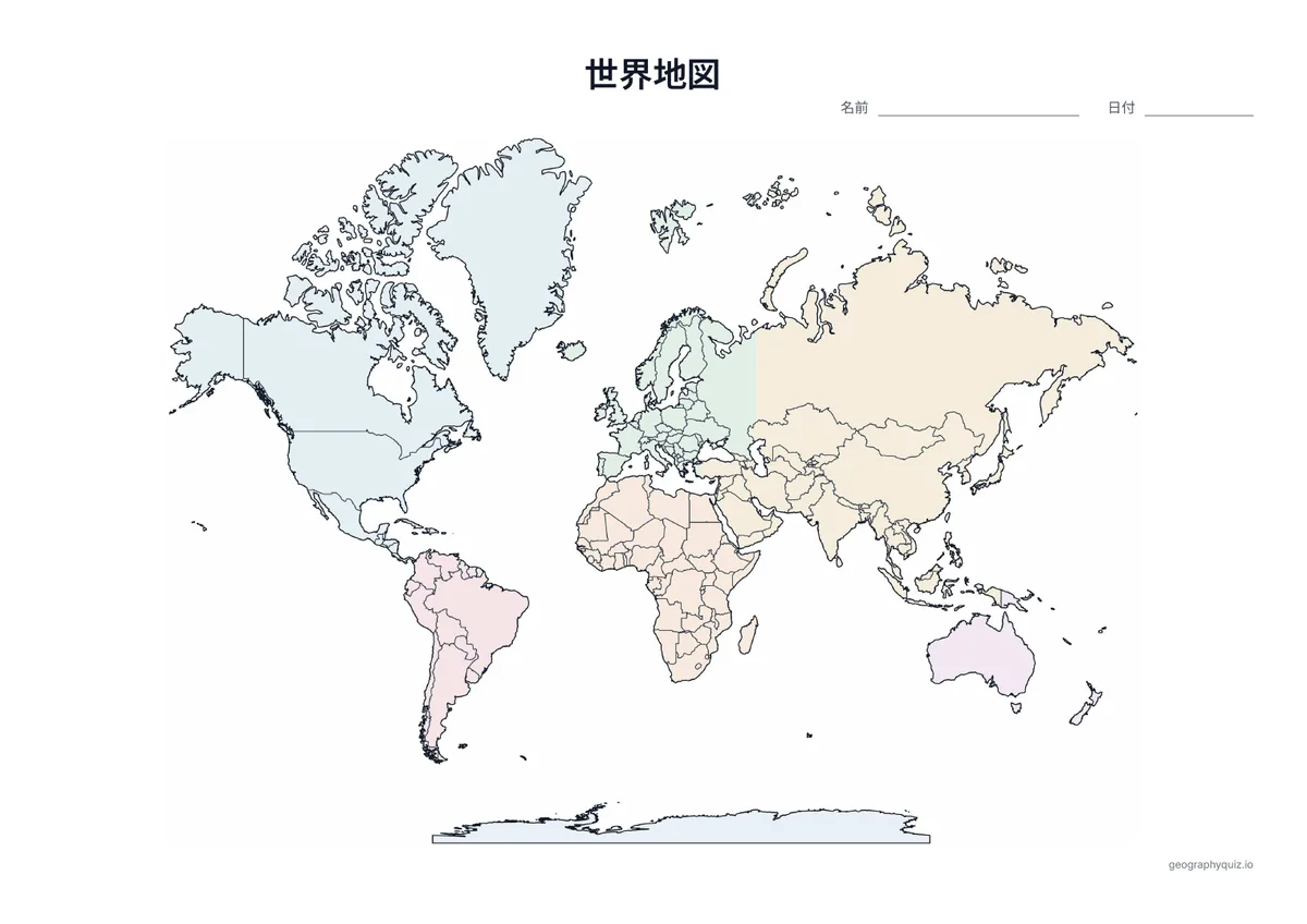 国境線と、うすい色で色分けした大陸の世界の白地図