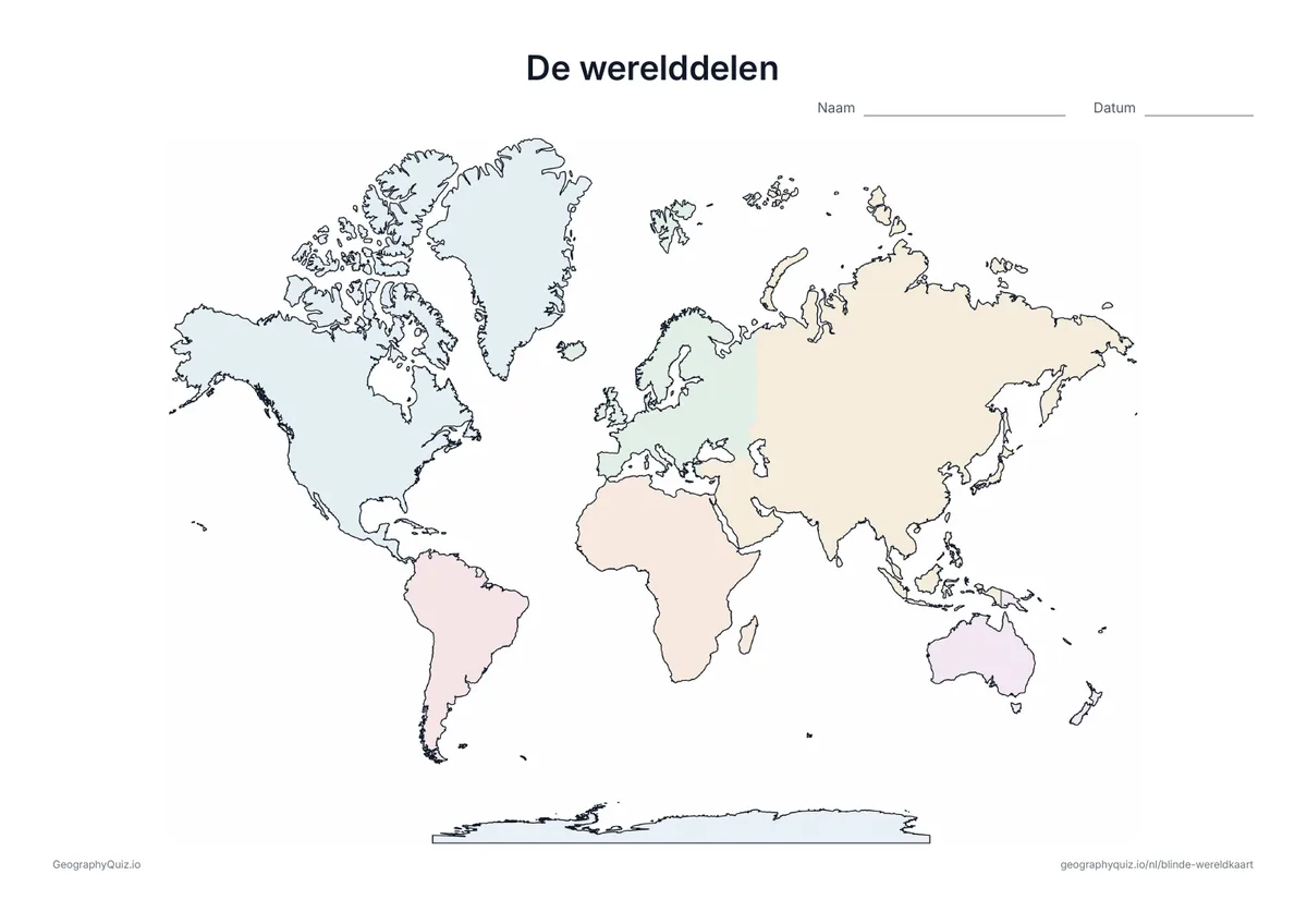 Blinde wereldkaart met de omtrekken van de werelddelen, makkelijk te printen