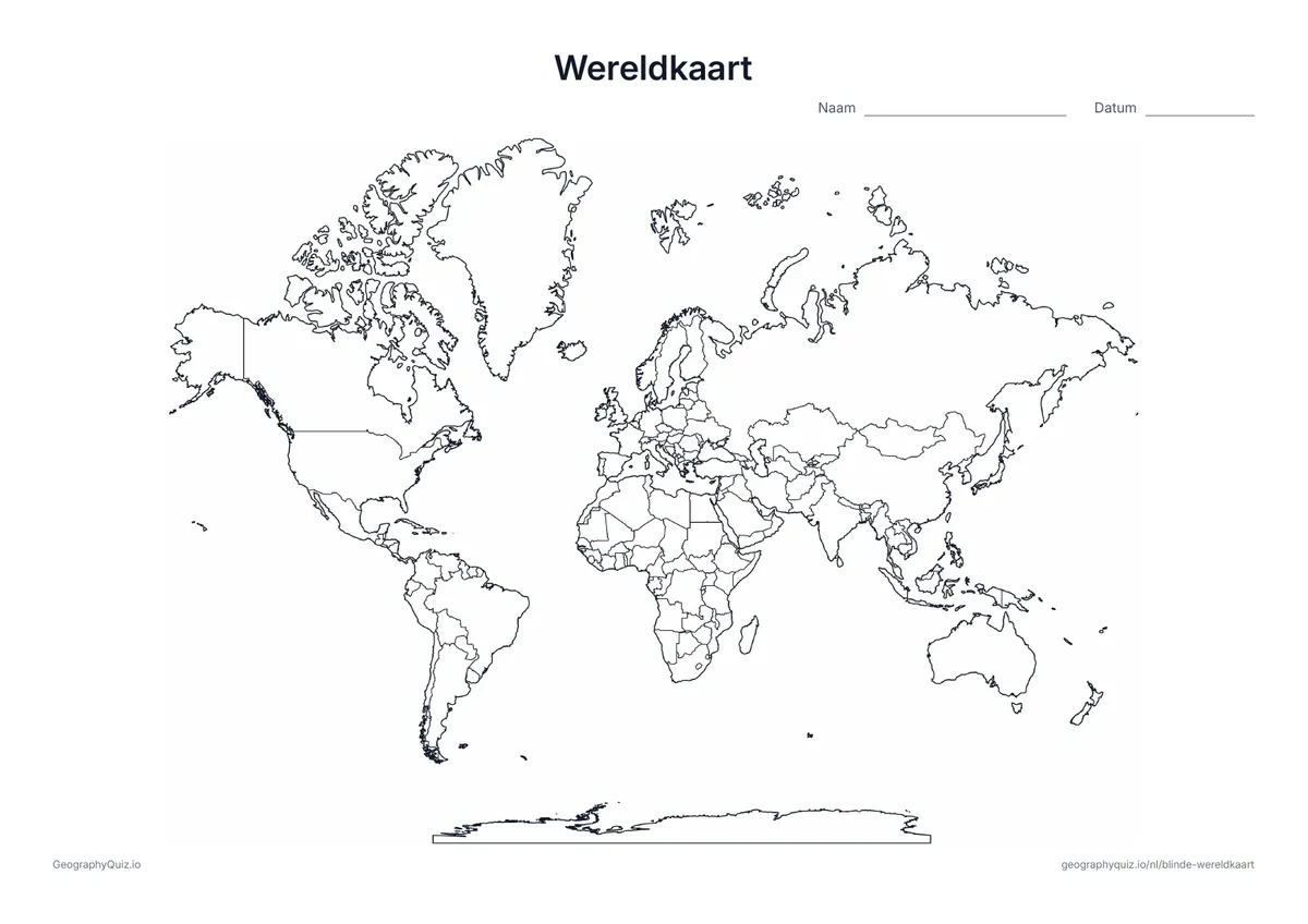 Zwart-witte wereldkaart met landsgrenzen en Antarctica