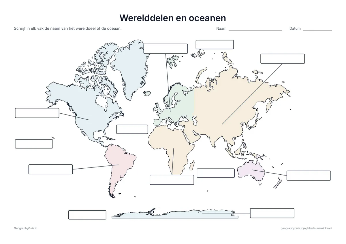 Wereldkaart met lege vakken voor de werelddelen en oceanen