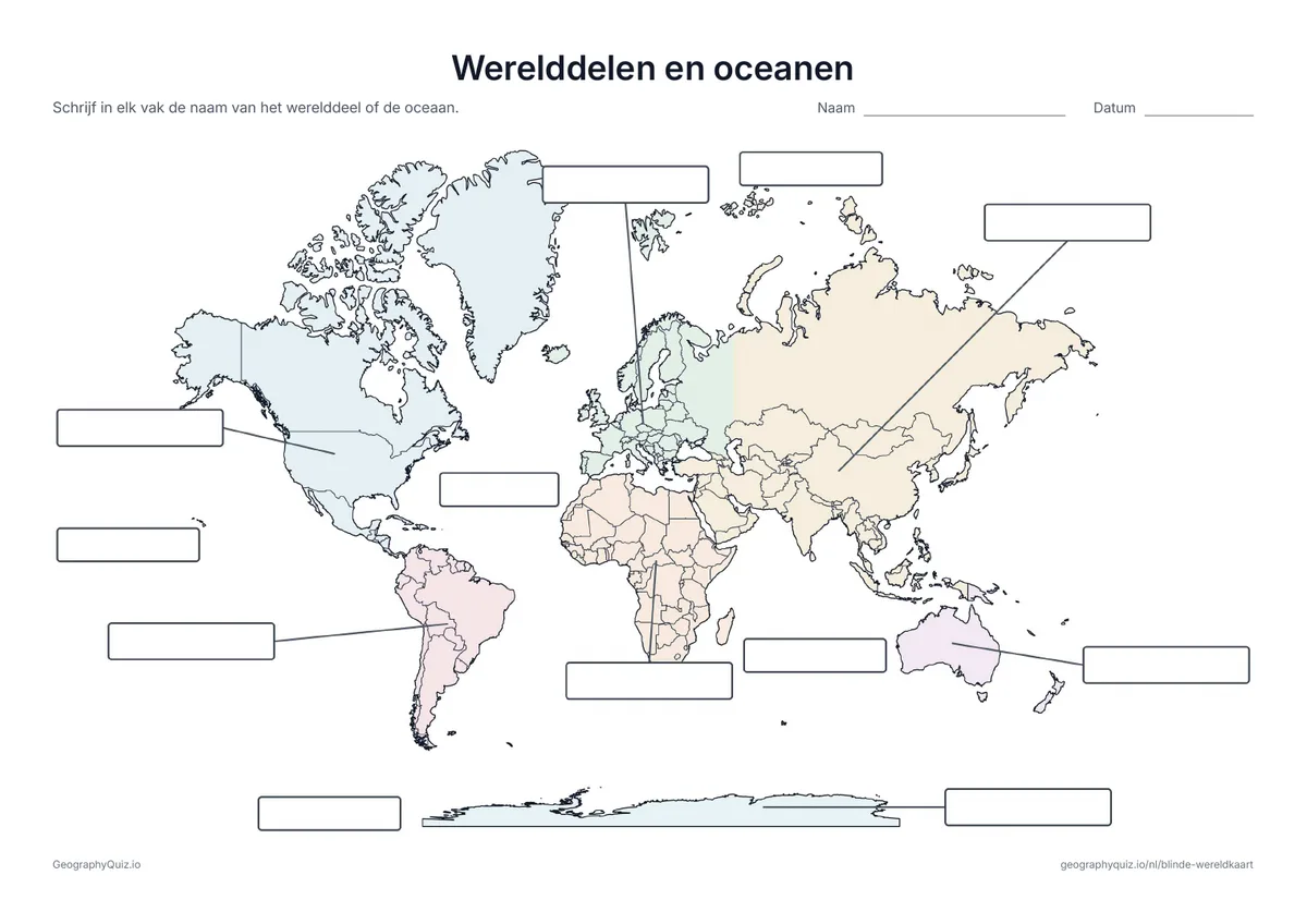 Wereldkaart in pastelkleuren met landsgrenzen en lege vakken voor werelddelen en oceanen