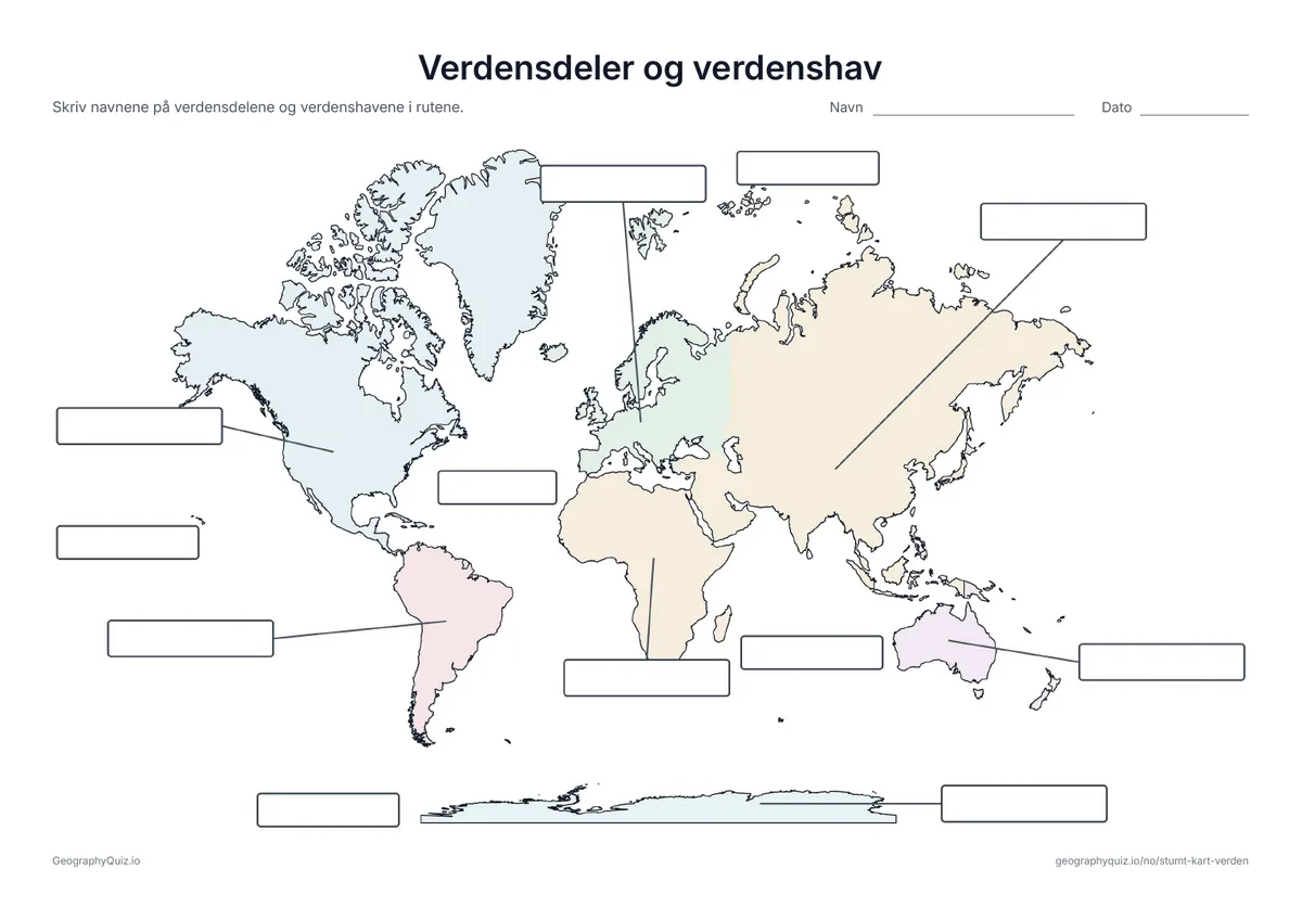 Verdenskart med tomme svarruter for verdensdeler og verdenshav