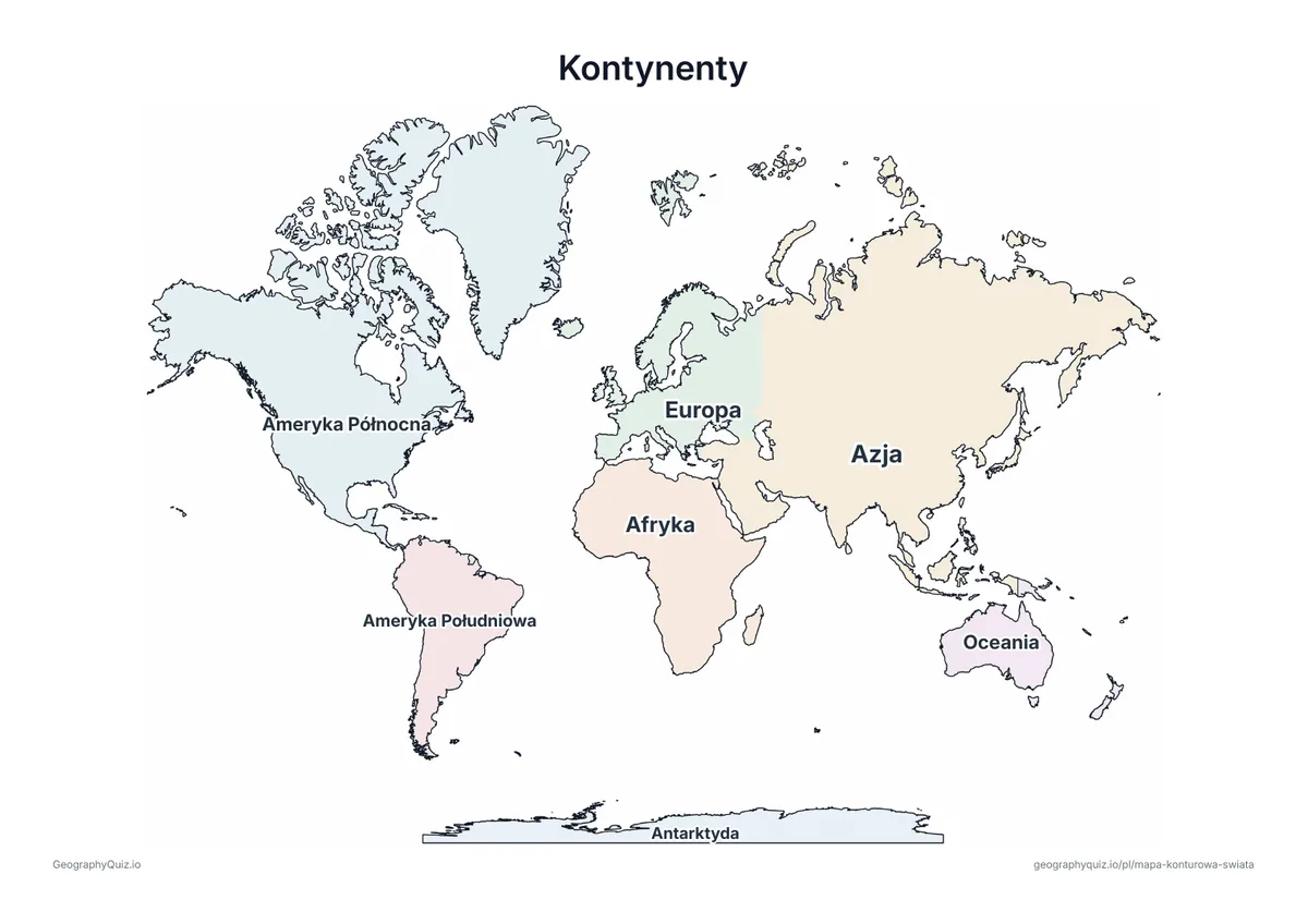 Mapa świata w pastelowych kolorach z nazwami wszystkich siedmiu kontynentów