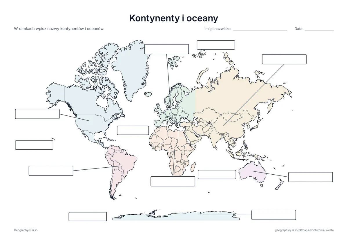 Mapa świata w pastelowych kolorach z granicami państw i pustymi ramkami na kontynenty i oceany