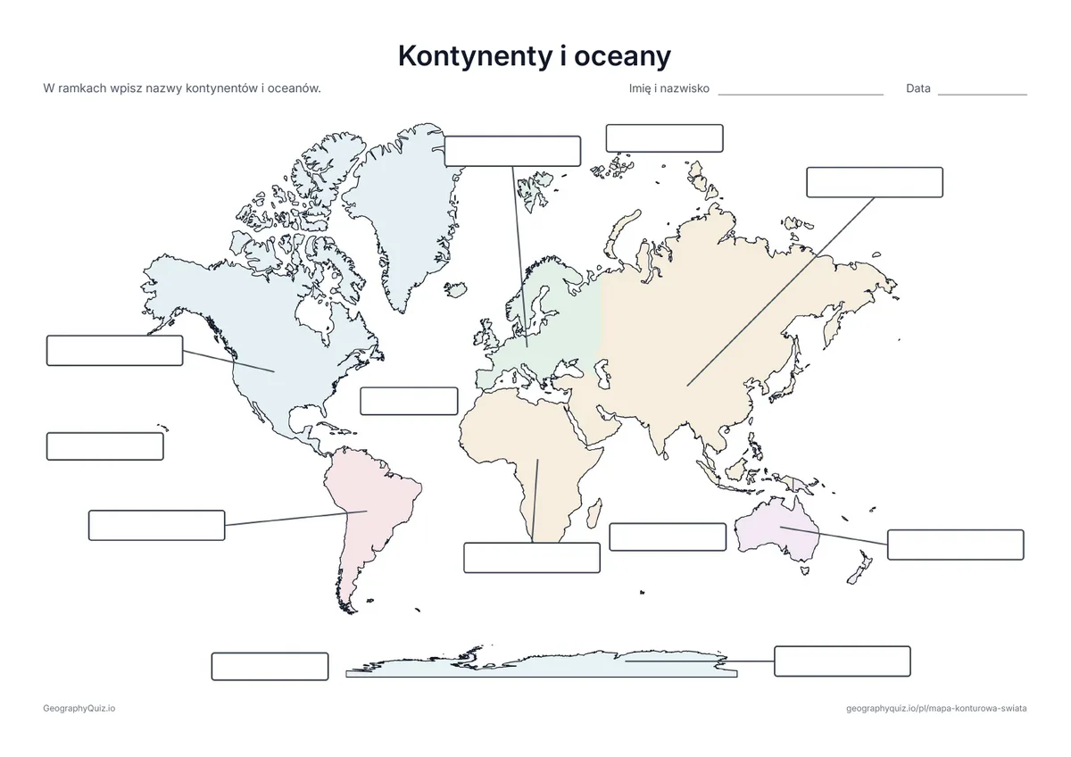 Mapa świata z pustymi ramkami na kontynenty i oceany