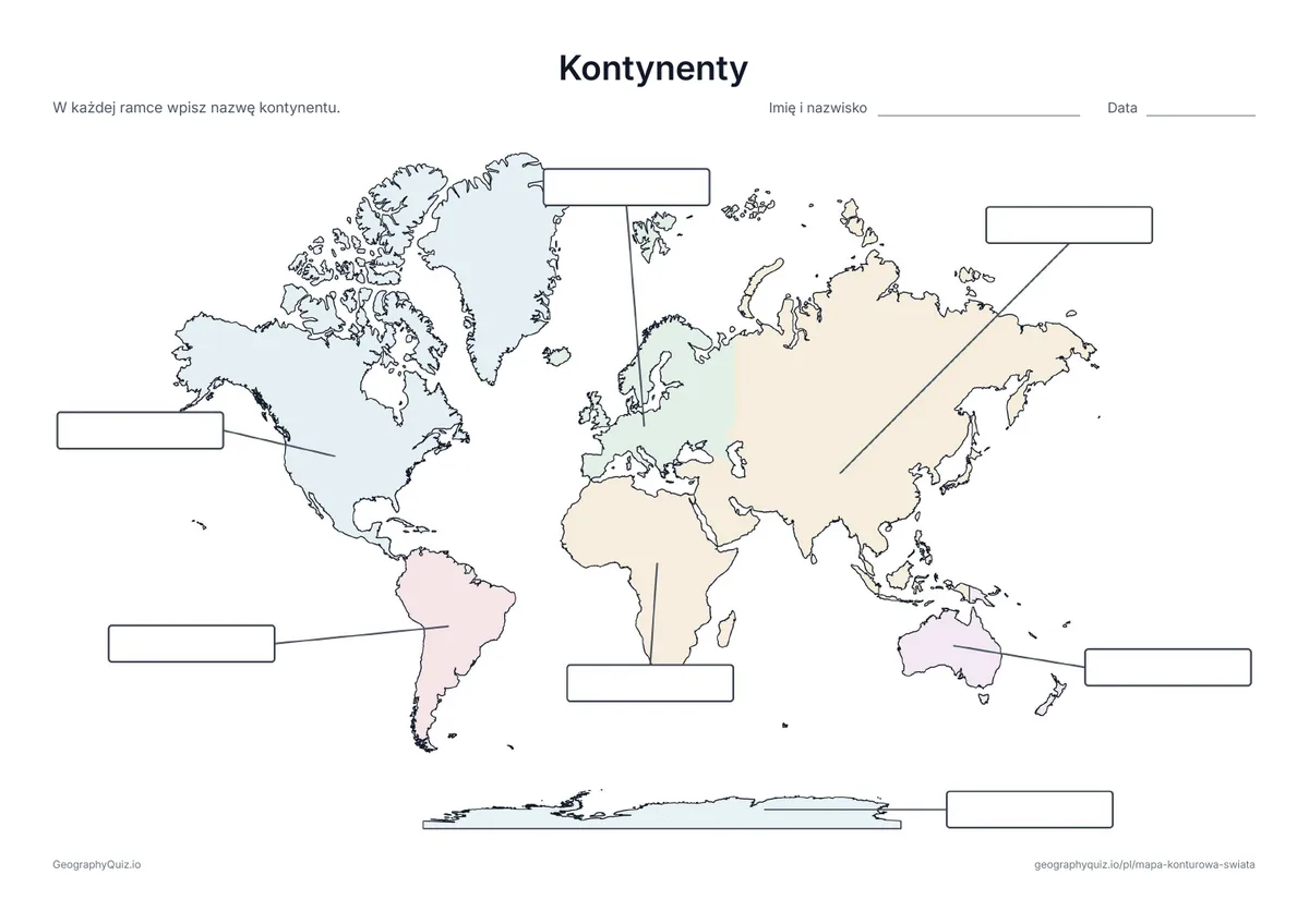 Mapa świata z pustymi ramkami na odpowiedzi i liniami do kontynentów