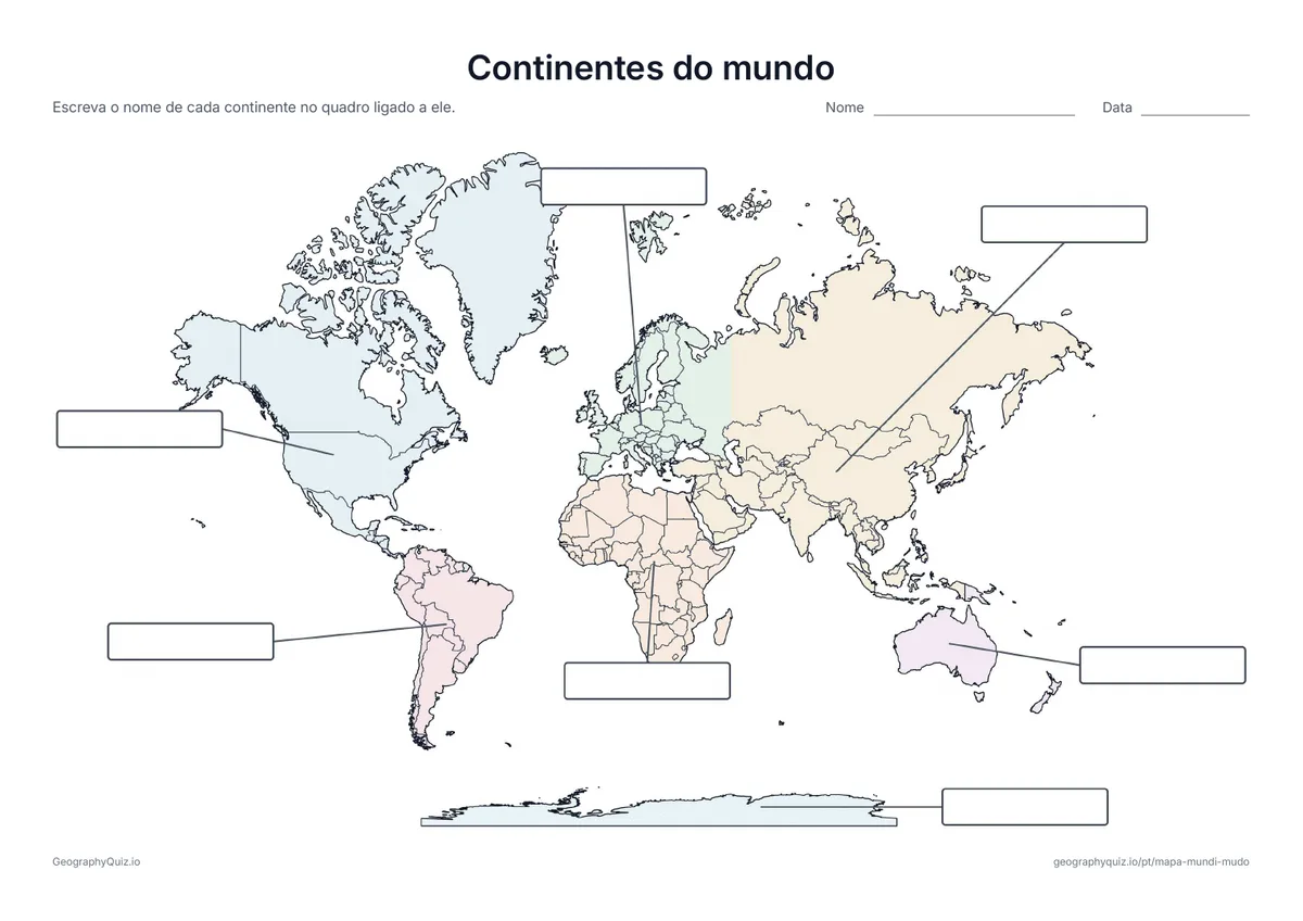 Mapa-múndi em tons pastel com fronteiras e quadros vazios para os continentes