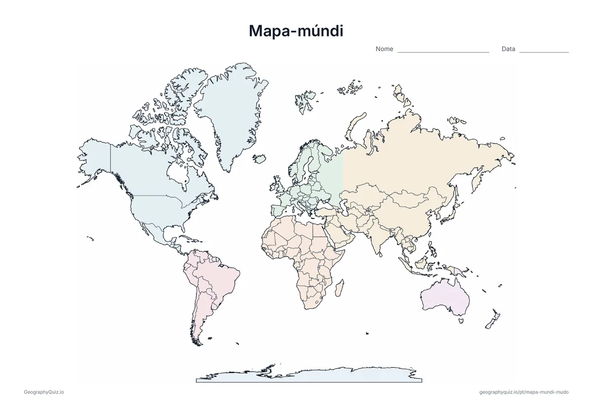 Mapa-múndi mudo com as fronteiras dos países e os continentes em cores pastel
