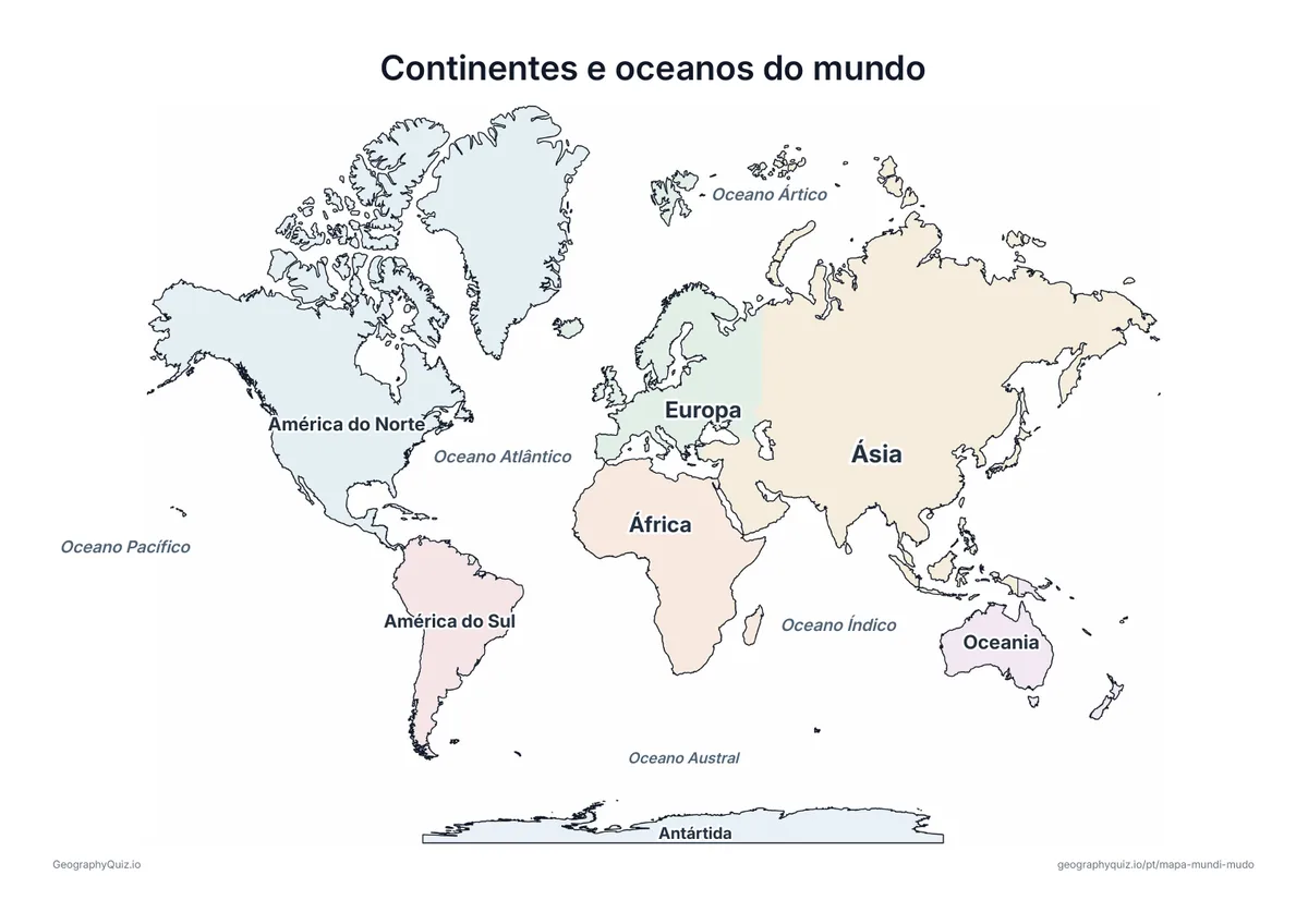 Mapa-múndi em tons pastel com os nomes dos sete continentes e dos cinco oceanos