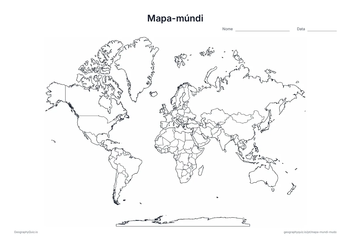 Mapa-múndi em preto e branco com o contorno dos países e a Antártida separada