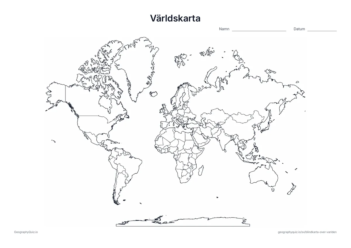Svartvit världskarta med landsgränser och Antarktis för sig