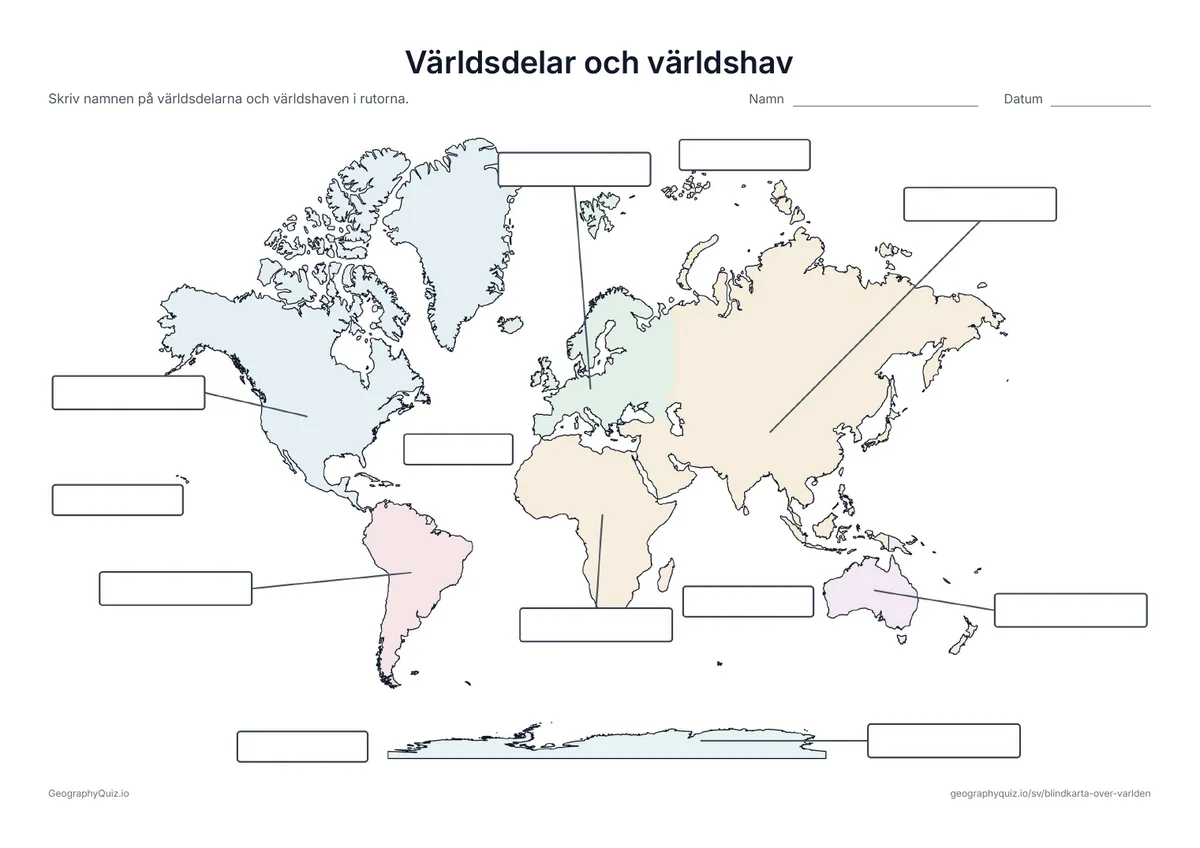 Världskarta med tomma svarsrutor för världsdelar och världshav